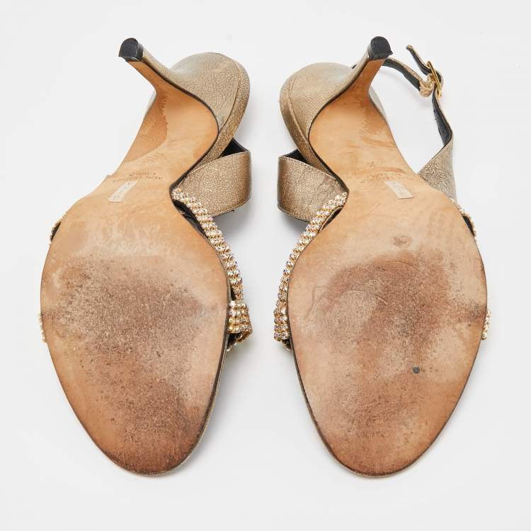 Pre Owned Gina Gold Crystal Embellished Leather Slingback Sandals Size 37.5