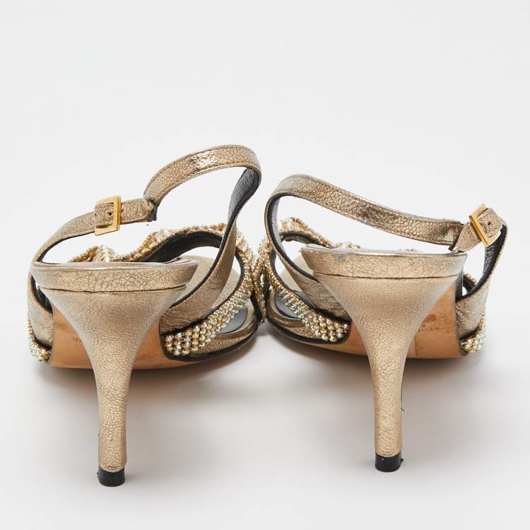 Pre Owned Gina Gold Crystal Embellished Leather Slingback Sandals Size 37.5
