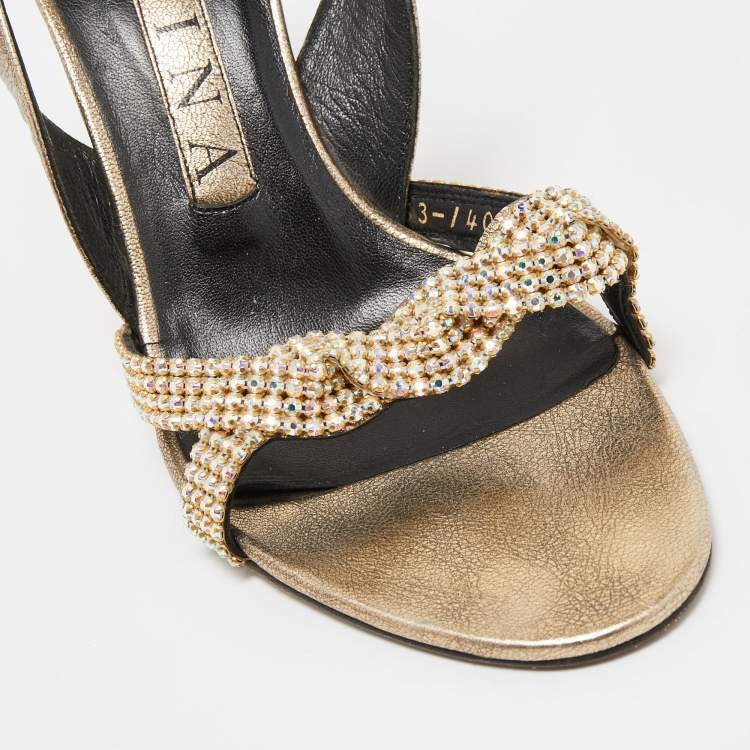 Pre Owned Gina Gold Crystal Embellished Leather Slingback Sandals Size 37.5