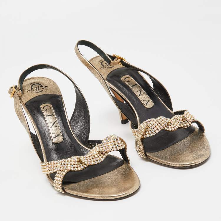 Pre Owned Gina Gold Crystal Embellished Leather Slingback Sandals Size 37.5