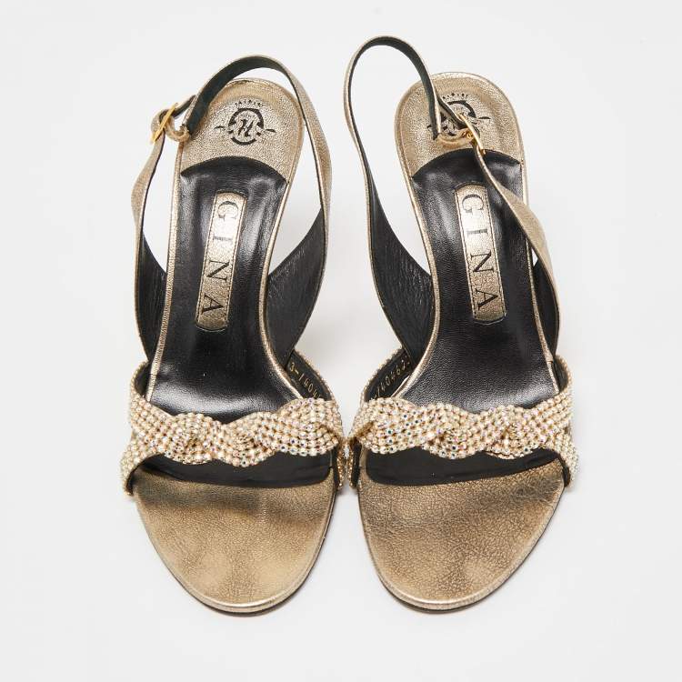 Pre Owned Gina Gold Crystal Embellished Leather Slingback Sandals Size 37.5