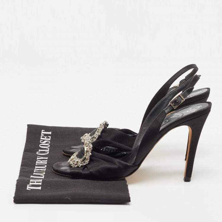 Pre Owned Gina Black Satin Crystal Embellished Slingback Sandals Size 38.5