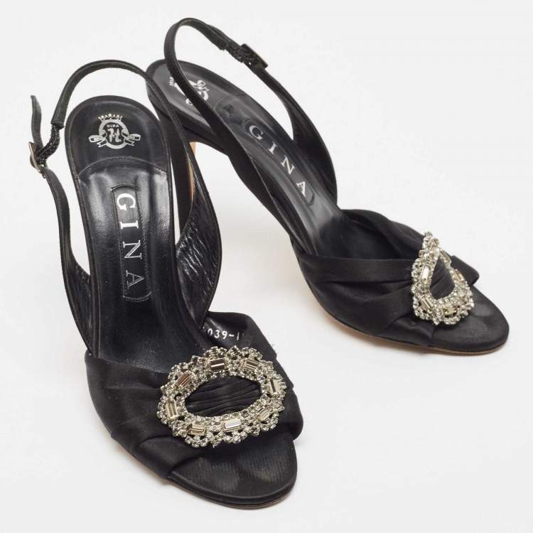 Pre Owned Gina Black Satin Crystal Embellished Slingback Sandals Size 38.5