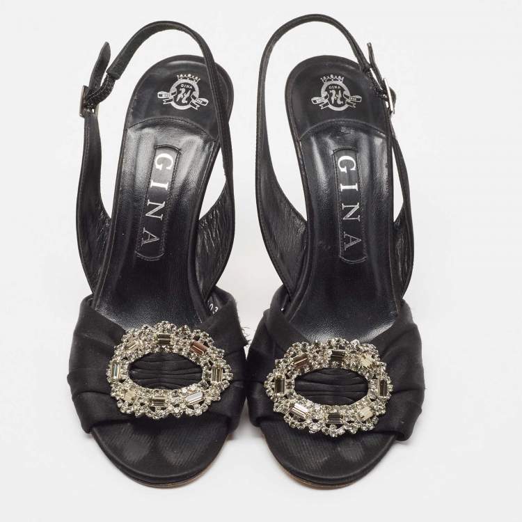 Pre Owned Gina Black Satin Crystal Embellished Slingback Sandals Size 38.5