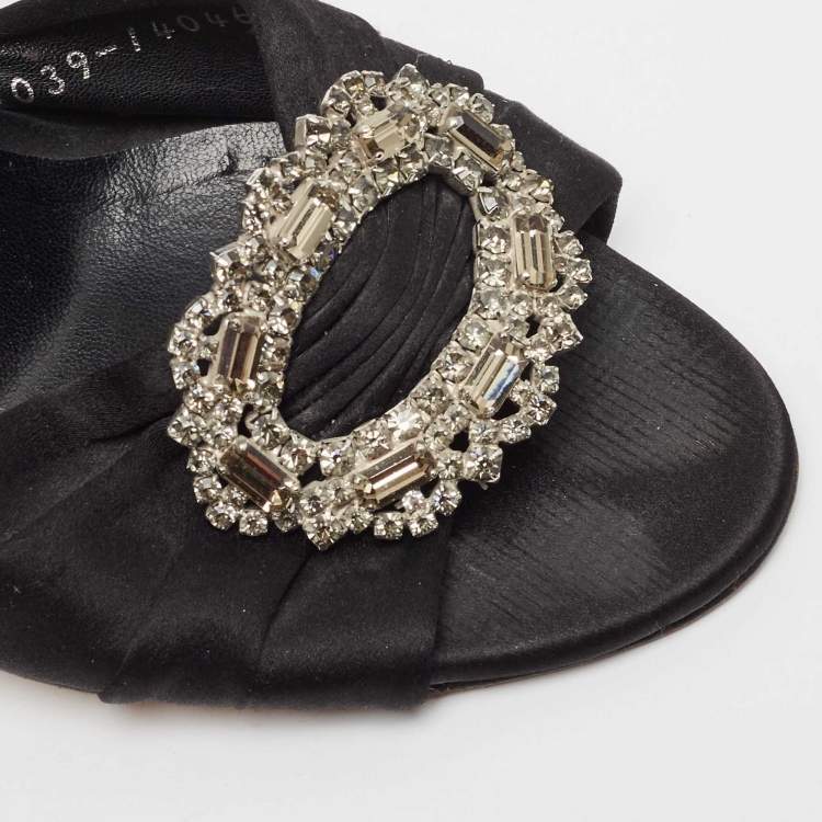 Pre Owned Gina Black Satin Crystal Embellished Slingback Sandals Size 38.5