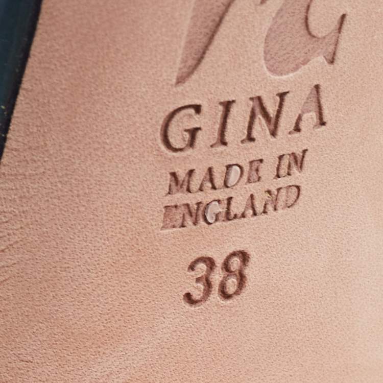 Pre Owned Gina Green Croc Embossed Patent Leather Crystal Embellished Slide Sandals Size 38