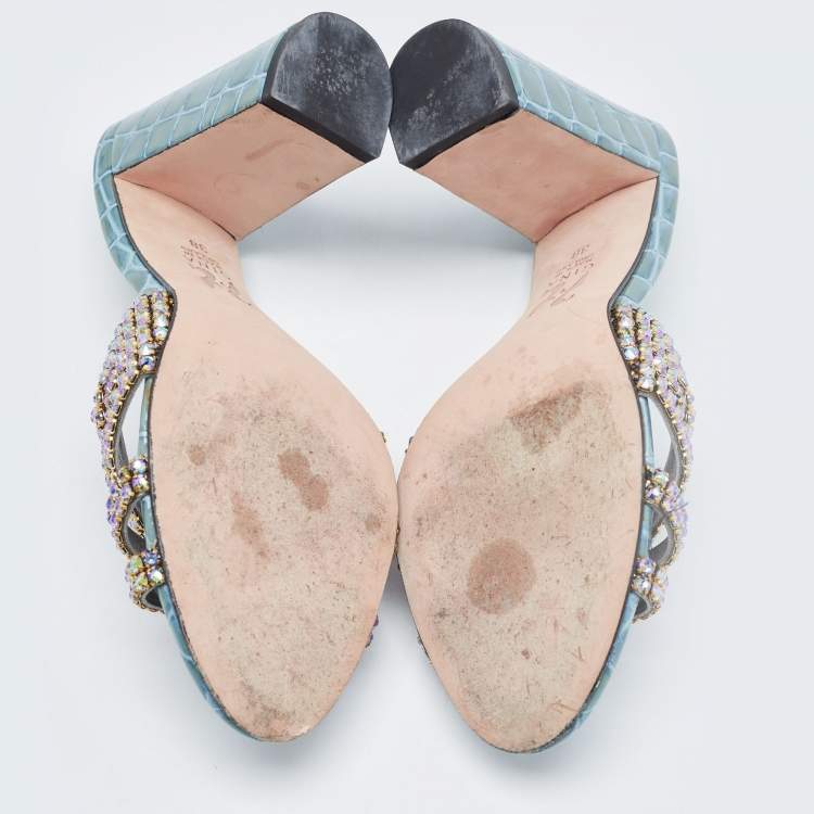 Pre Owned Gina Green Croc Embossed Patent Leather Crystal Embellished Slide Sandals Size 38