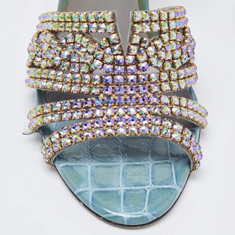 Pre Owned Gina Green Croc Embossed Patent Leather Crystal Embellished Slide Sandals Size 38