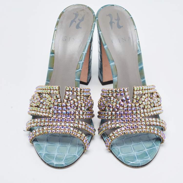 Pre Owned Gina Green Croc Embossed Patent Leather Crystal Embellished Slide Sandals Size 38