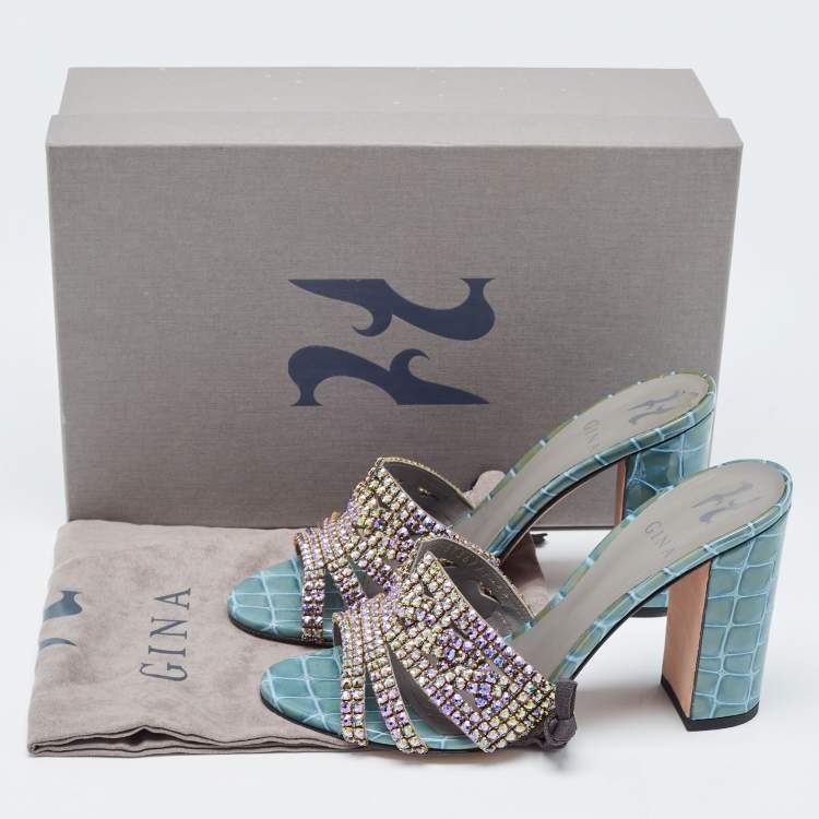 Pre Owned Gina Green Croc Embossed Patent Leather Crystal Embellished Slide Sandals Size 38