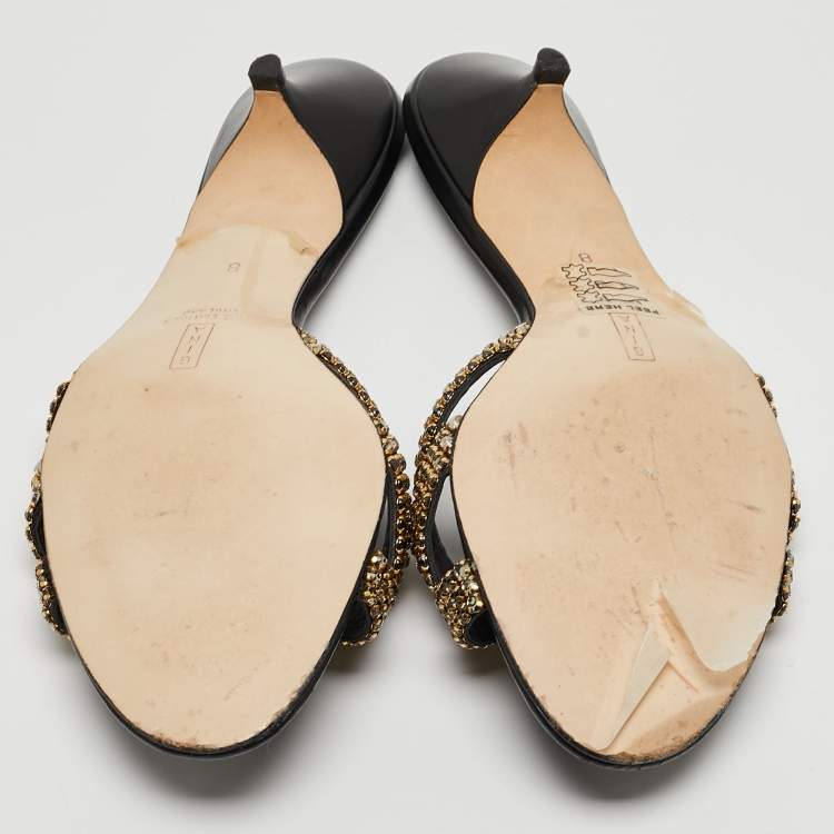 Pre Owned Gina Black Leather Crystal Embellished Slide Sandals Size 41