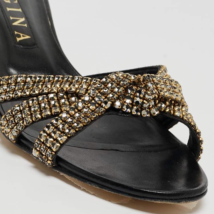 Pre Owned Gina Black Leather Crystal Embellished Slide Sandals Size 41