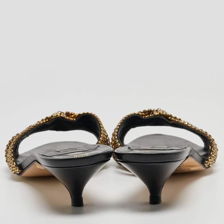 Pre Owned Gina Black Leather Crystal Embellished Slide Sandals Size 41