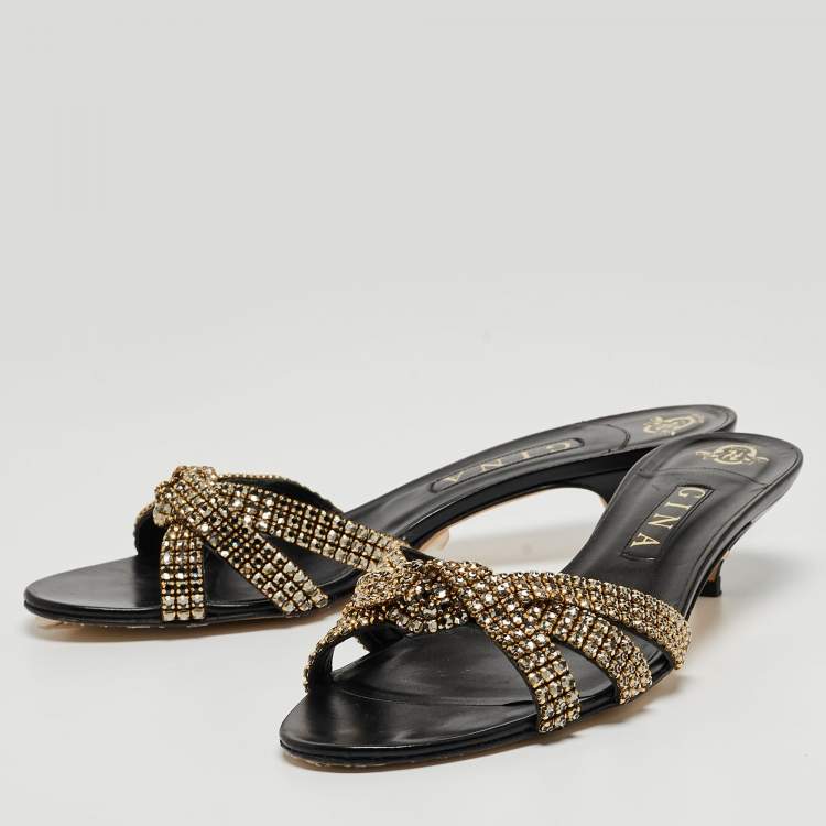 Pre Owned Gina Black Leather Crystal Embellished Slide Sandals Size 41