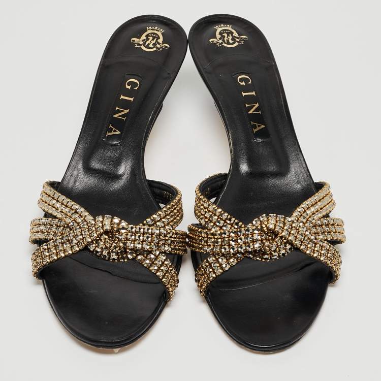 Pre Owned Gina Black Leather Crystal Embellished Slide Sandals Size 41