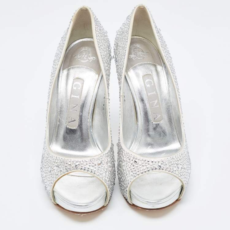 Pre Owned Gina Silver Satin Crystal Embellished Peep Toe Platform Pumps Size 37.5