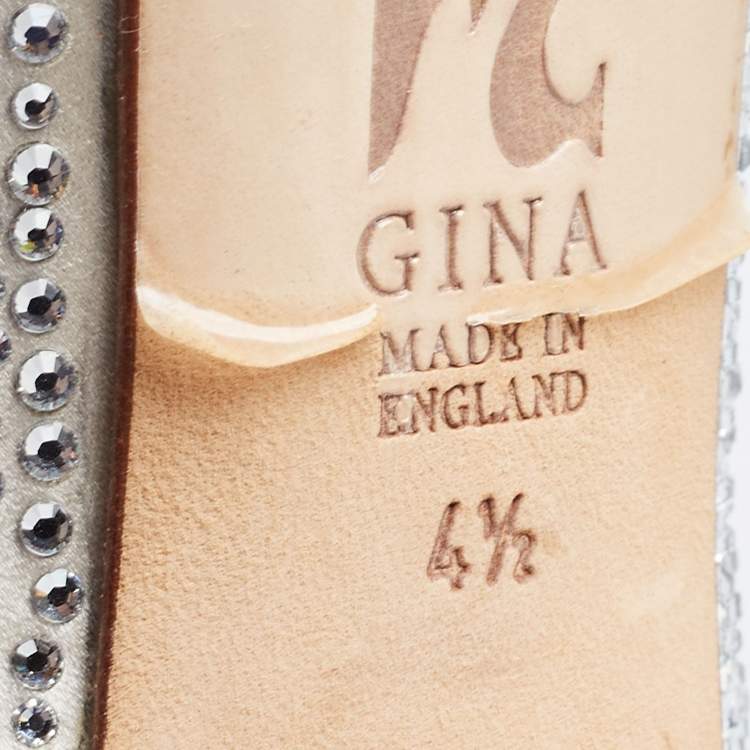 Pre Owned Gina Silver Satin Crystal Embellished Peep Toe Platform Pumps Size 37.5