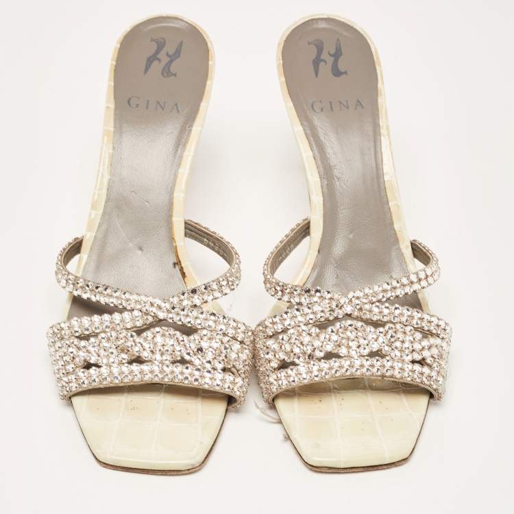 Pre Owned Gina Cream/Grey Croc Embossed Leather Crystal Embellished Slide Sandals Size 40.5 
