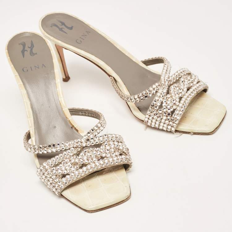 Pre Owned Gina Cream/Grey Croc Embossed Leather Crystal Embellished Slide Sandals Size 40.5 