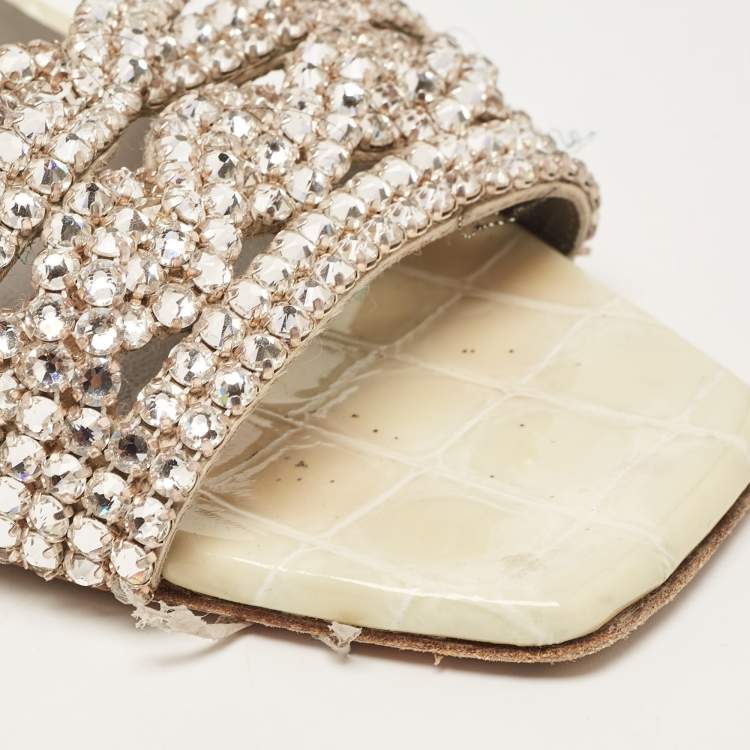 Pre Owned Gina Cream/Grey Croc Embossed Leather Crystal Embellished Slide Sandals Size 40.5 