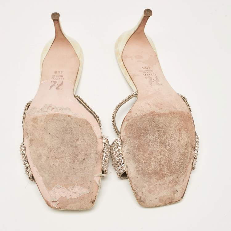 Pre Owned Gina Cream/Grey Croc Embossed Leather Crystal Embellished Slide Sandals Size 40.5 