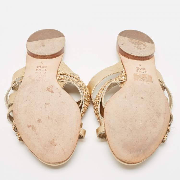 Pre Owned Gina Golden Leather Crystal Embellished Slide Sandals Size 38