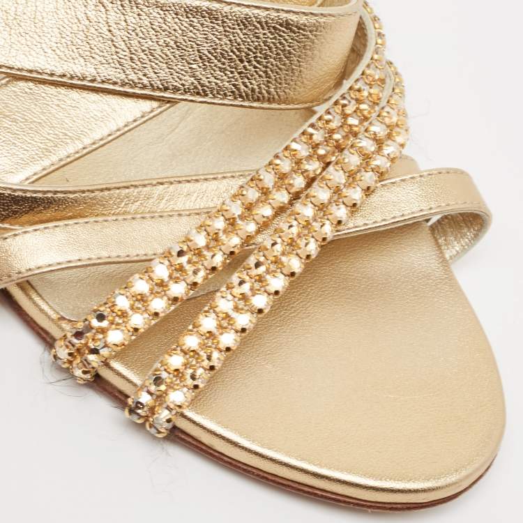 Pre Owned Gina Golden Leather Crystal Embellished Slide Sandals Size 38