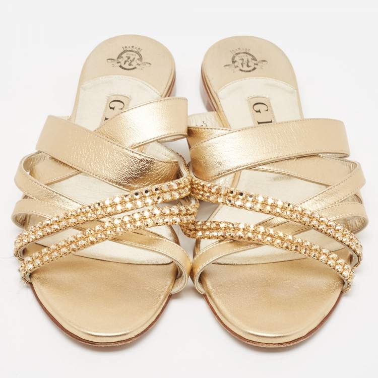 Pre Owned Gina Golden Leather Crystal Embellished Slide Sandals Size 38
