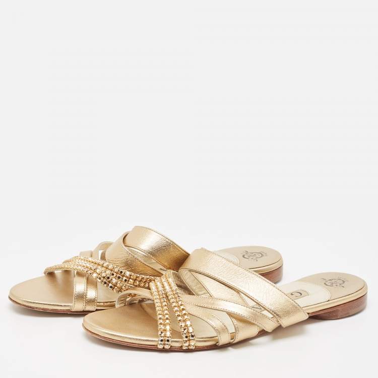Pre Owned Gina Golden Leather Crystal Embellished Slide Sandals Size 38
