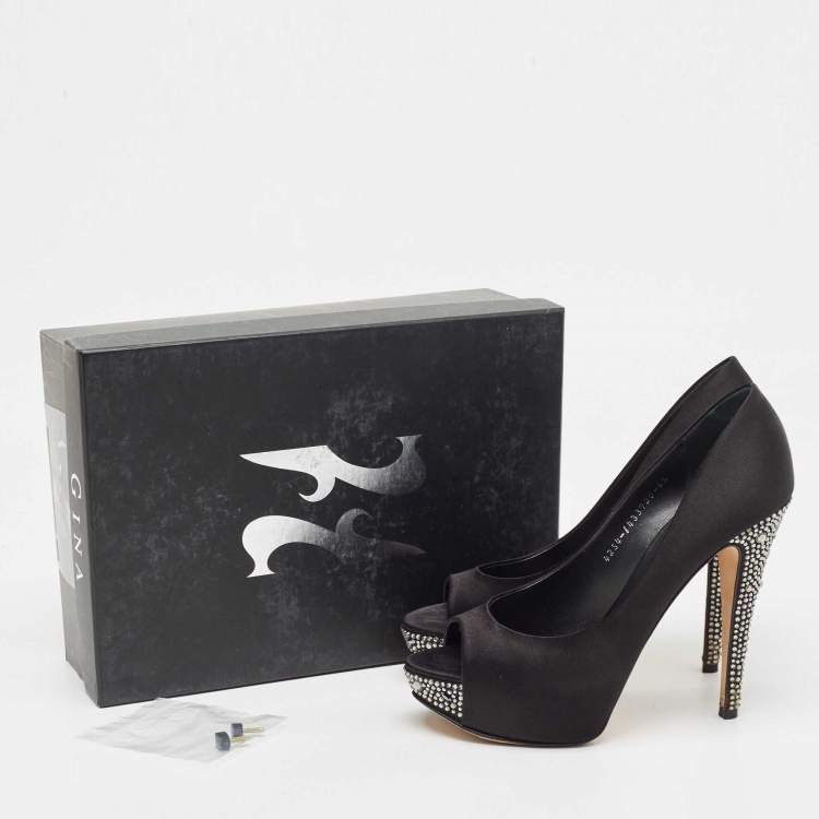 Pre Owned Gina Black Satin Jenna Crystal Embellished Heel Peep Toe Platform Pumps Size 39.5