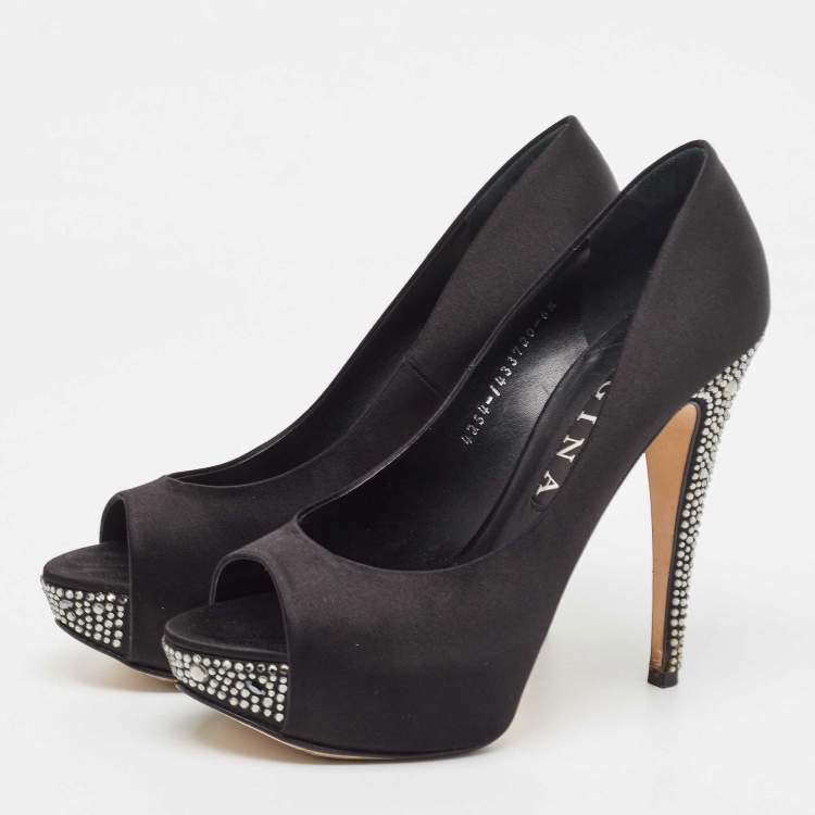 Pre Owned Gina Black Satin Jenna Crystal Embellished Heel Peep Toe Platform Pumps Size 39.5