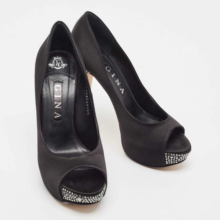 Pre Owned Gina Black Satin Jenna Crystal Embellished Heel Peep Toe Platform Pumps Size 39.5