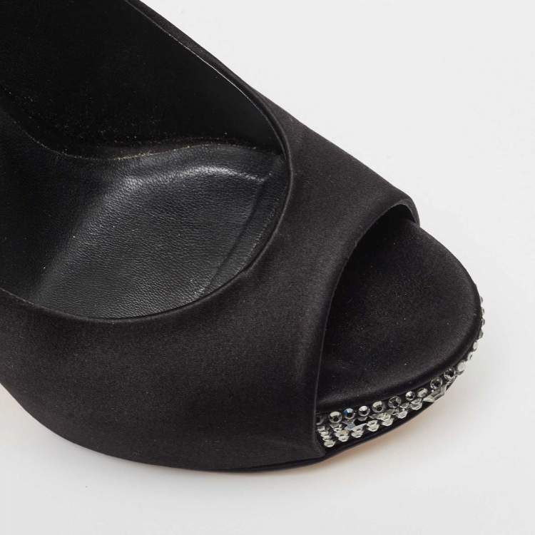 Pre Owned Gina Black Satin Jenna Crystal Embellished Heel Peep Toe Platform Pumps Size 39.5