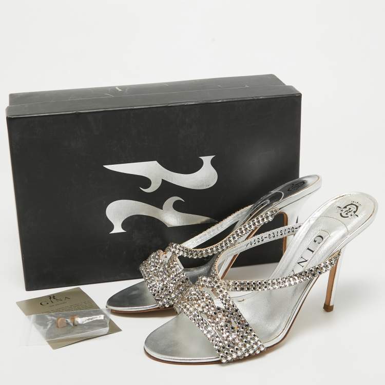 Pre Owned Gina Silver Leather Crystal Embellished Slide Sandals Size 40