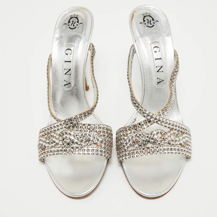 Pre Owned Gina Silver Leather Crystal Embellished Slide Sandals Size 40