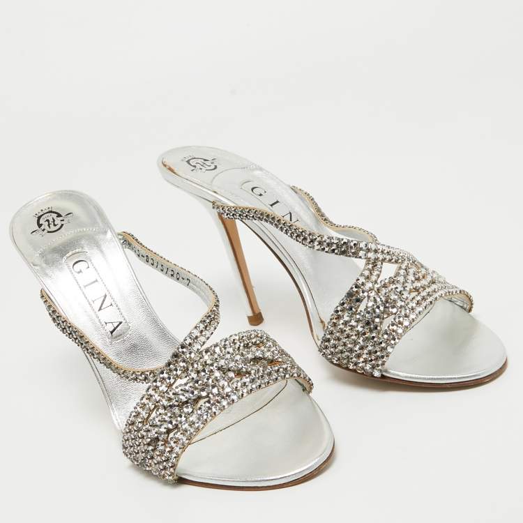 Pre Owned Gina Silver Leather Crystal Embellished Slide Sandals Size 40