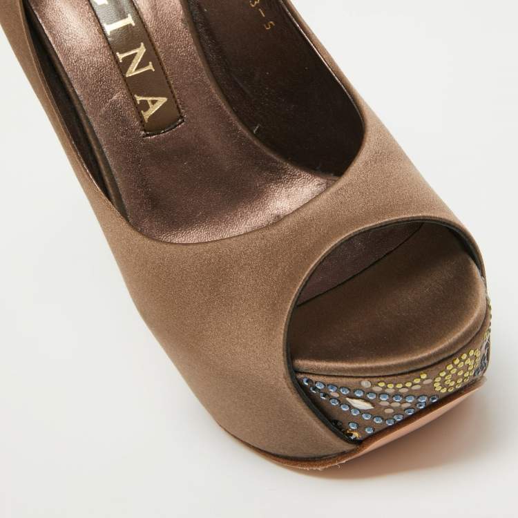 Pre Owned Gina Brown Satin Crystal Embellished Open Toe Pumps Size 38