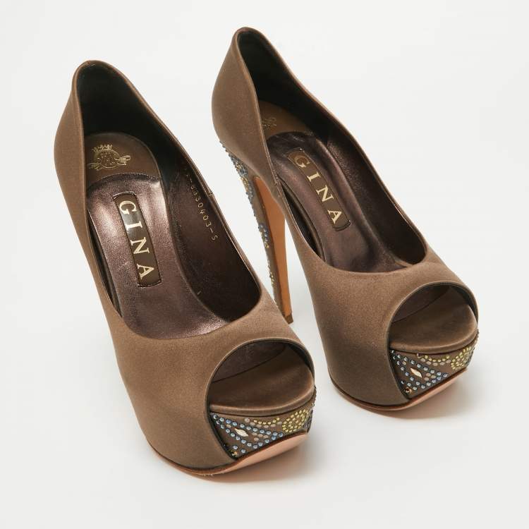 Pre Owned Gina Brown Satin Crystal Embellished Open Toe Pumps Size 38