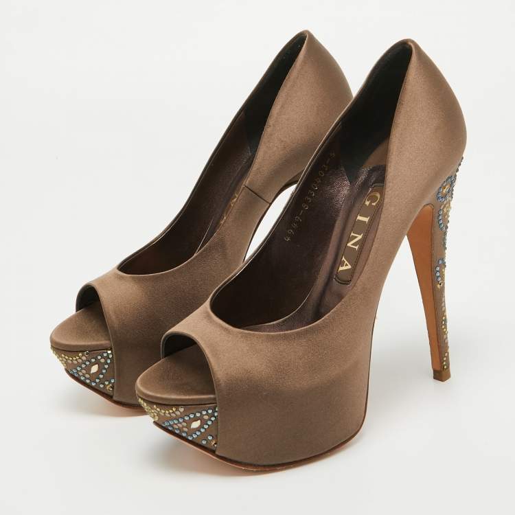 Pre Owned Gina Brown Satin Crystal Embellished Open Toe Pumps Size 38