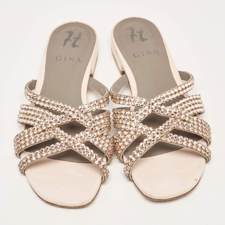 Pre Owned Gina Light Pink Crystal Embellished Leather Flat Slides Size 37.5