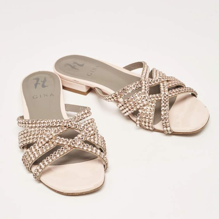 Pre Owned Gina Light Pink Crystal Embellished Leather Flat Slides Size 37.5