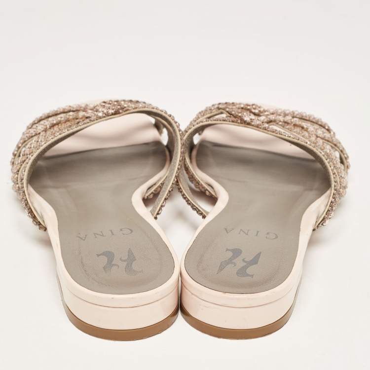 Pre Owned Gina Light Pink Crystal Embellished Leather Flat Slides Size 37.5