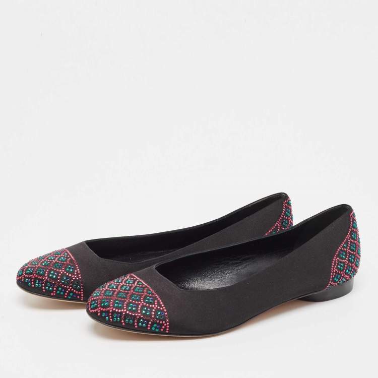 Pre Owned Gina Black Satin Crystal Embellished Ballet Flats Size 42
