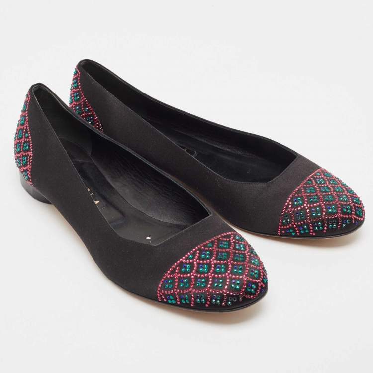 Pre Owned Gina Black Satin Crystal Embellished Ballet Flats Size 42