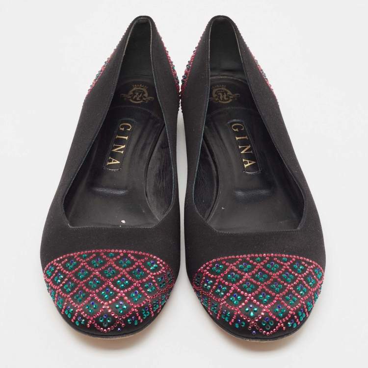 Pre Owned Gina Black Satin Crystal Embellished Ballet Flats Size 42