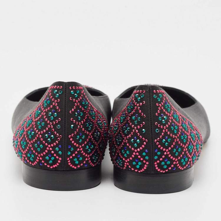 Pre Owned Gina Black Satin Crystal Embellished Ballet Flats Size 42