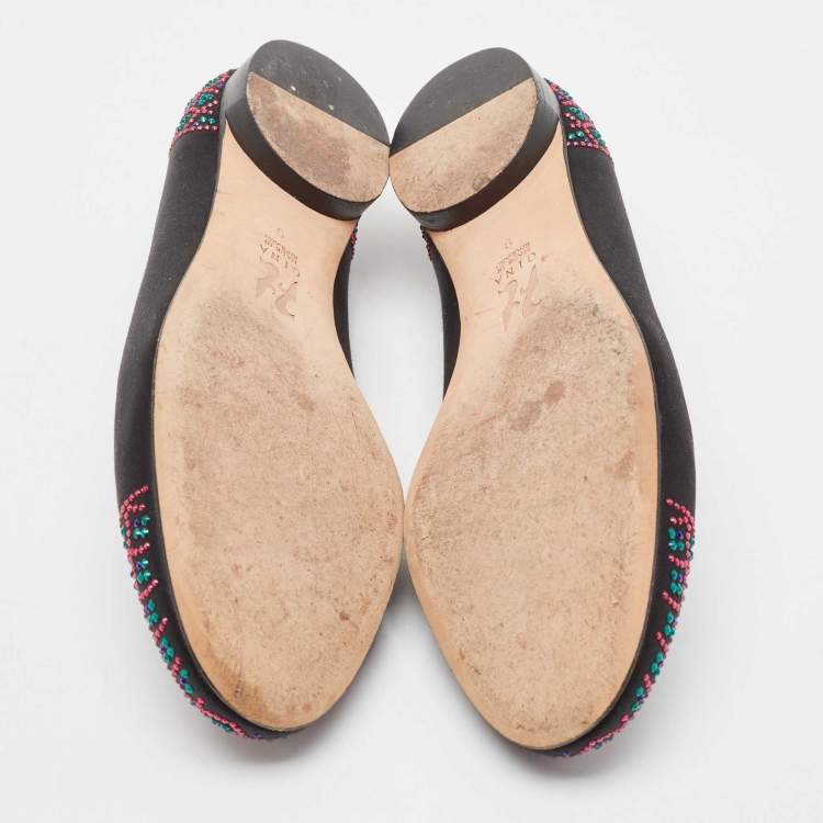 Pre Owned Gina Black Satin Crystal Embellished Ballet Flats Size 42