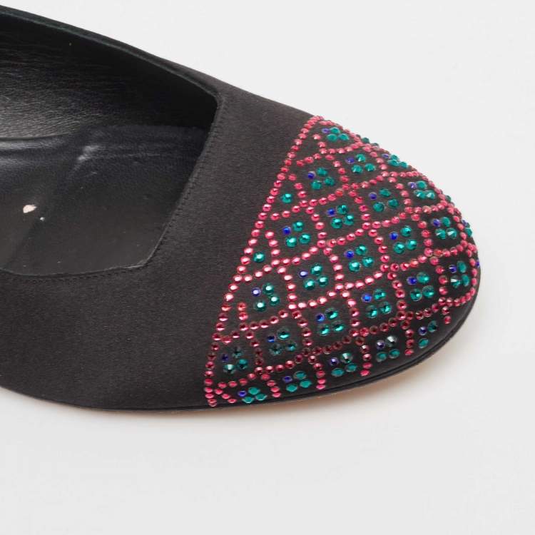 Pre Owned Gina Black Satin Crystal Embellished Ballet Flats Size 42