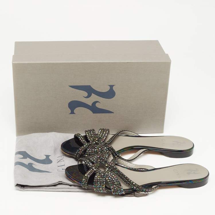 Pre Owned Gina Black Crystal Embellished Leather Strappy Flat Slides Size 39.5 