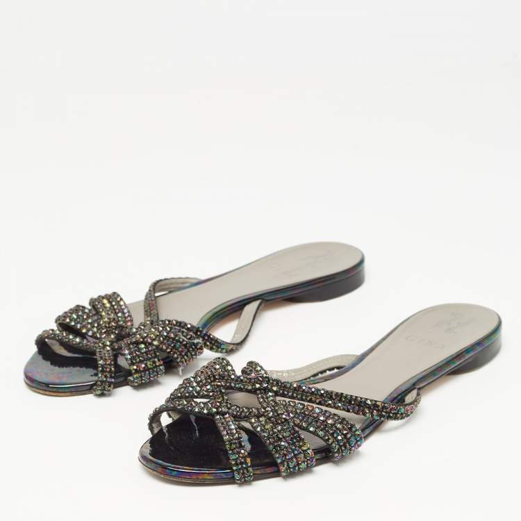 Pre Owned Gina Black Crystal Embellished Leather Strappy Flat Slides Size 39.5 